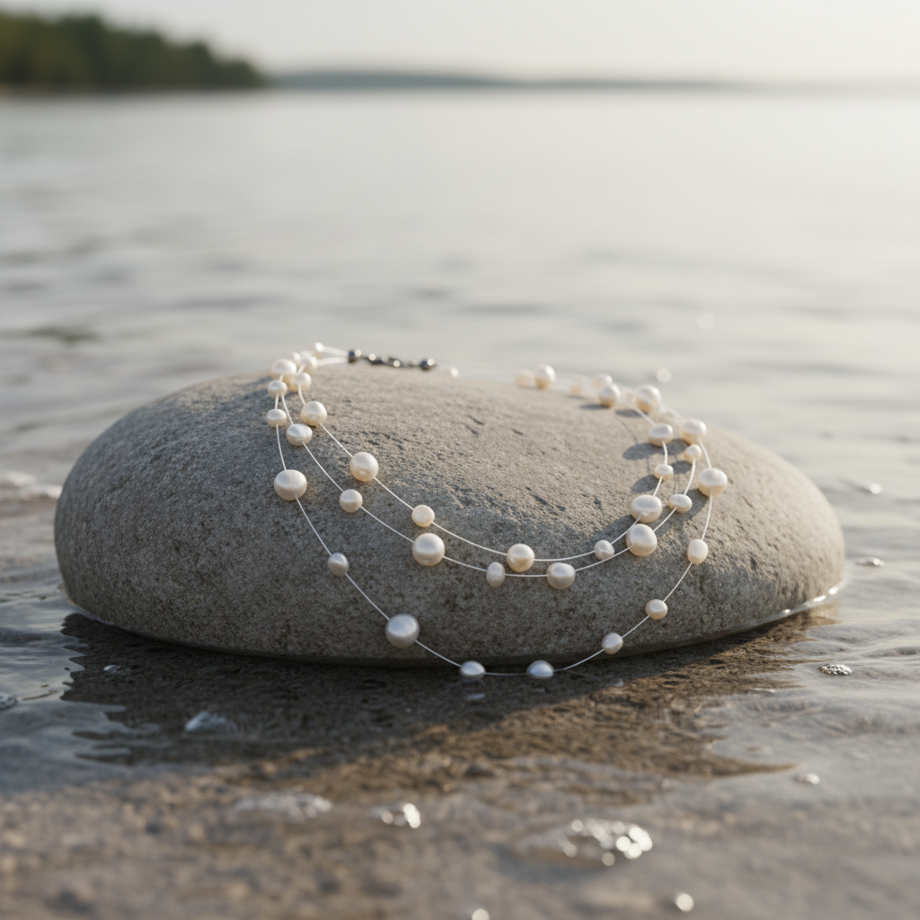 Zoetwater parelketting Jill W op steen aan het water