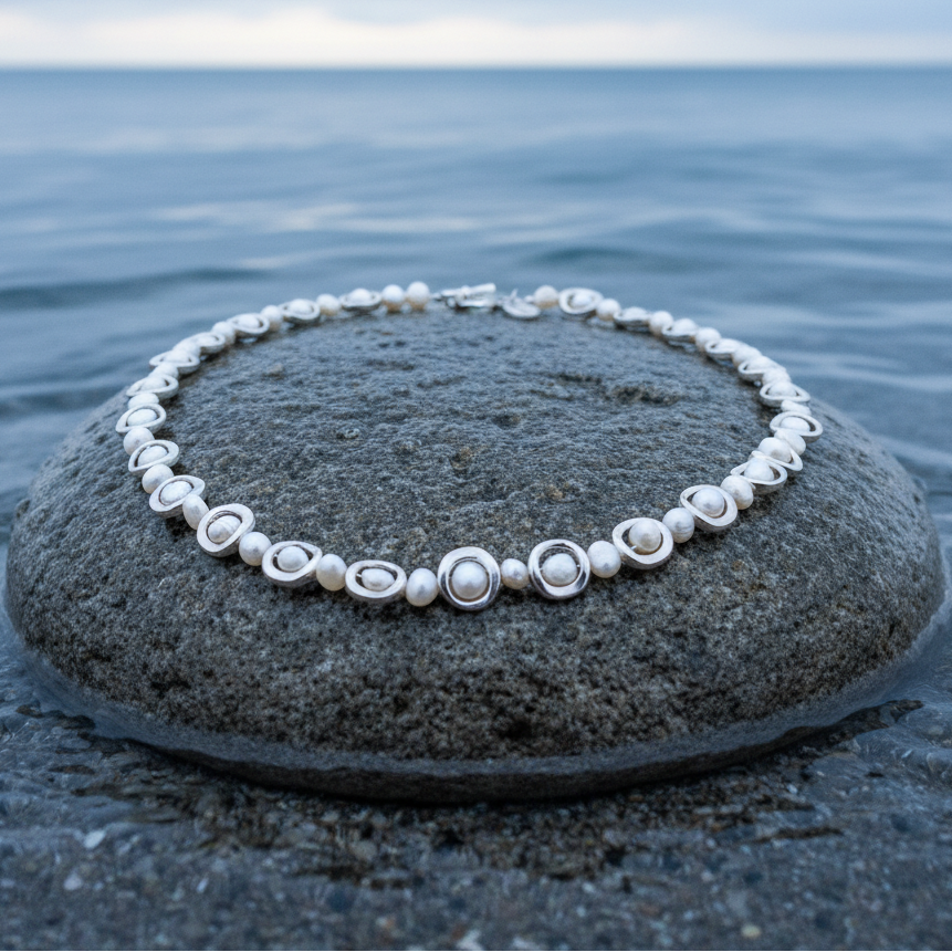 Zoetwater parelketting Pearl Geometric close-up op steen