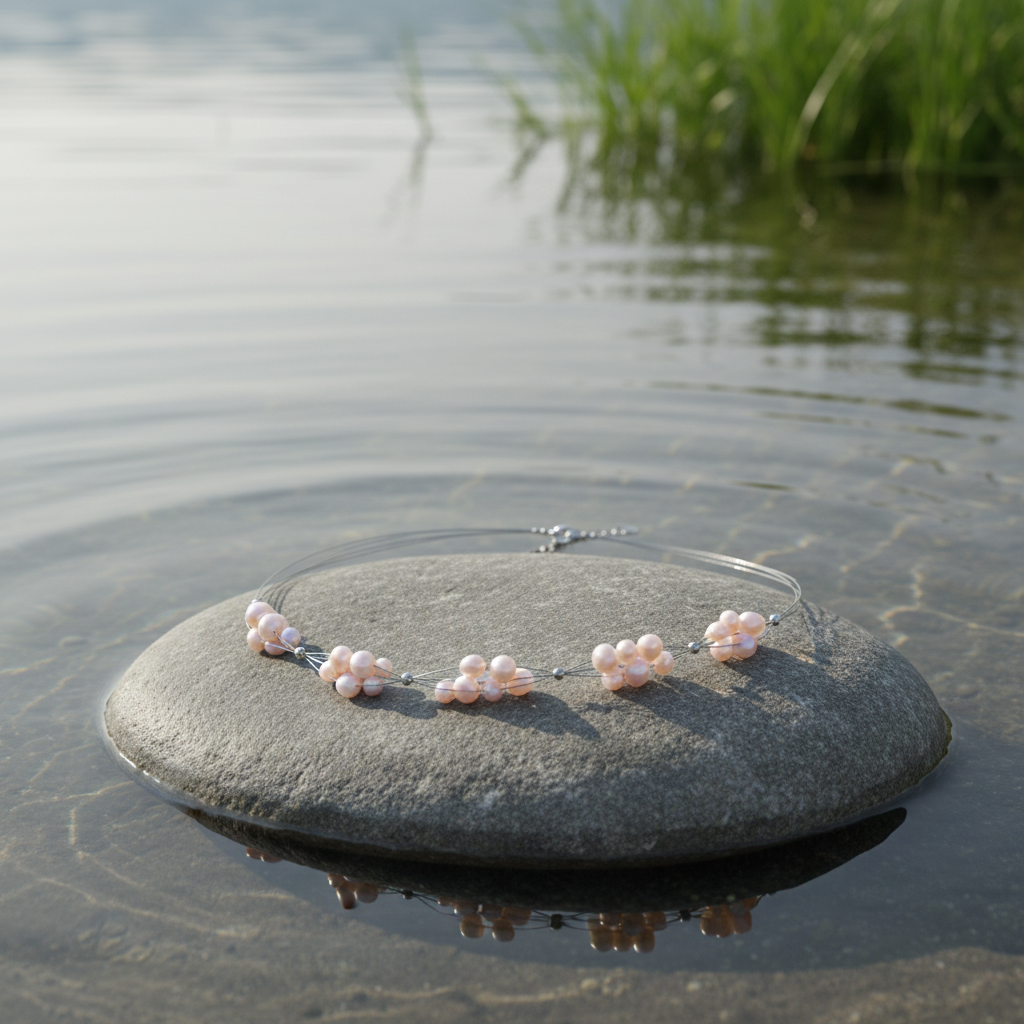 Zoetwater parelketting Sanny op steen aan het water