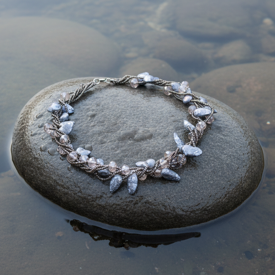 Zoetwater parelketting met blauw grijze parels in 5 rijen op natte steen | Turtle Grey