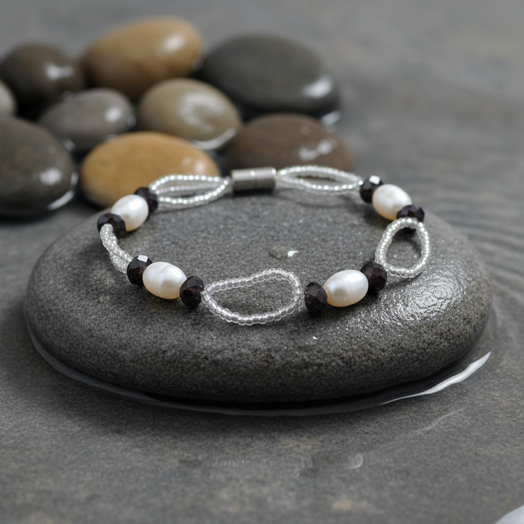 Zwicio parel armband - laatste poging op grijze natte steen