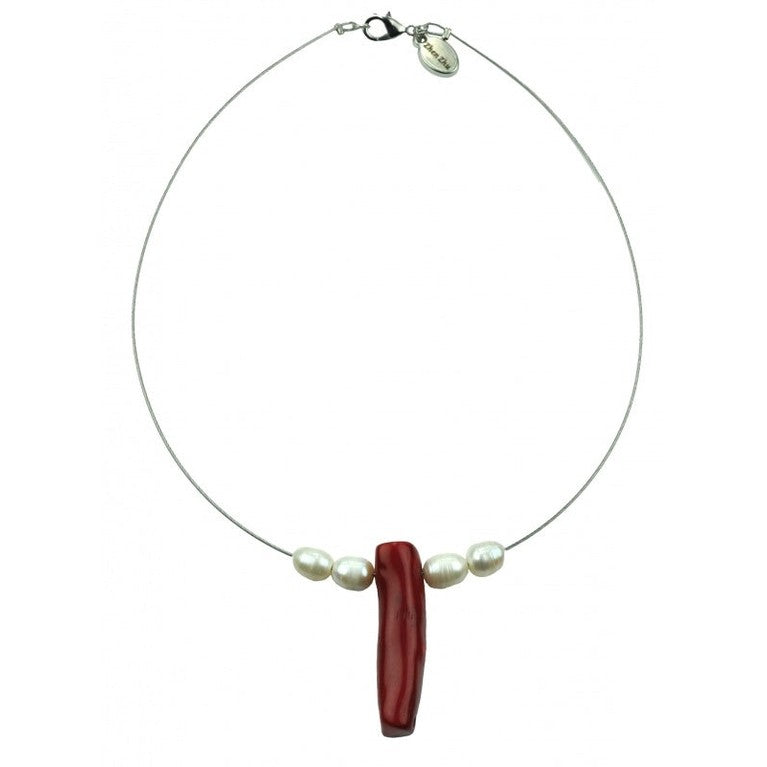 Zoetwater parelketting met witte parels, rood koraal en sterling zilver (925) | Coral Solo Pearl