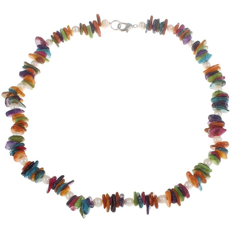 Witte zoetwater parelketting met gekleurde stukjes schelp en sterling zilver (925) | Pearl Colorfull Shell