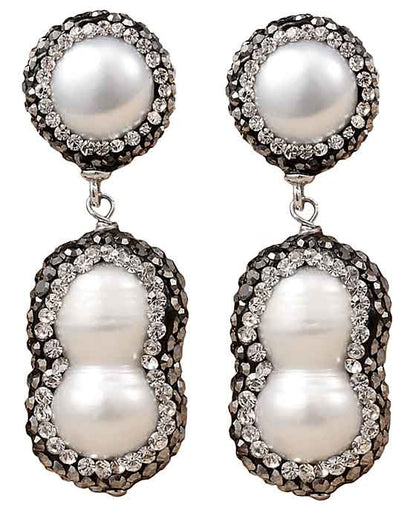 Zoetwater parel oorbellen met witte parels, stras steentjes en sterling zilver (925), andere parel oorbellen | Double Bling Peanut Pearl
