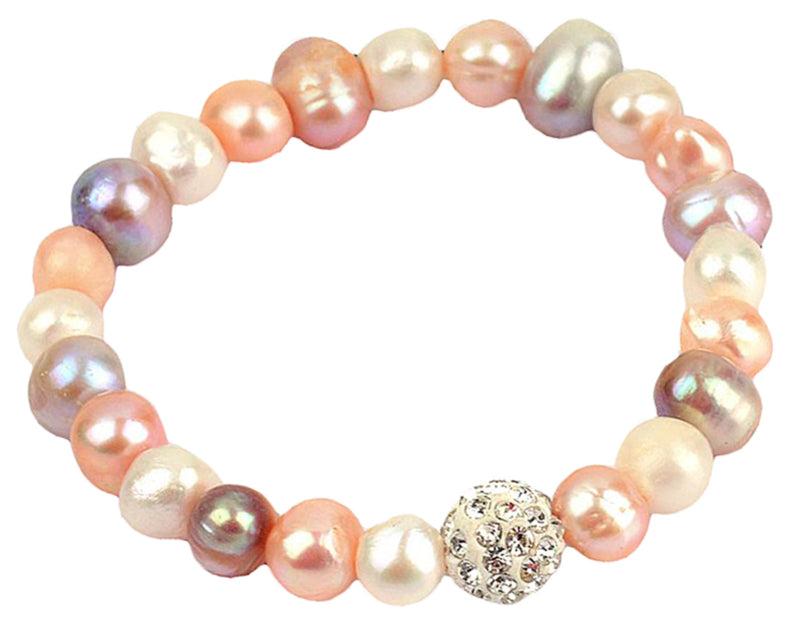 Zoetwater parel armband met wit, zalm, roze parels en stras steentjes, elastisch | Maxima Soft Colors