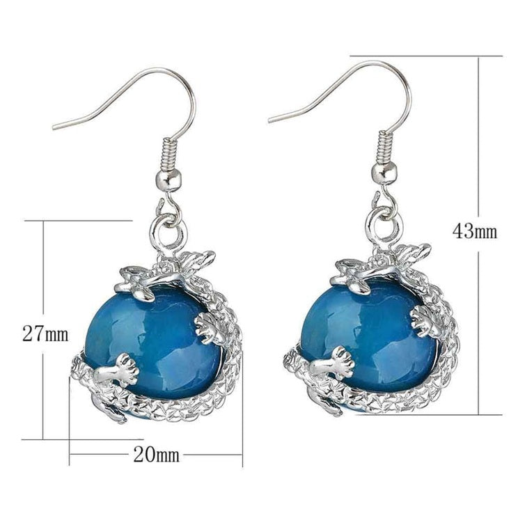 Edelstenen oorbellen met blauwe agaat, zilveren draak en sterling zilver (925) met maatindicatie | Sapphire Agate Dragon
