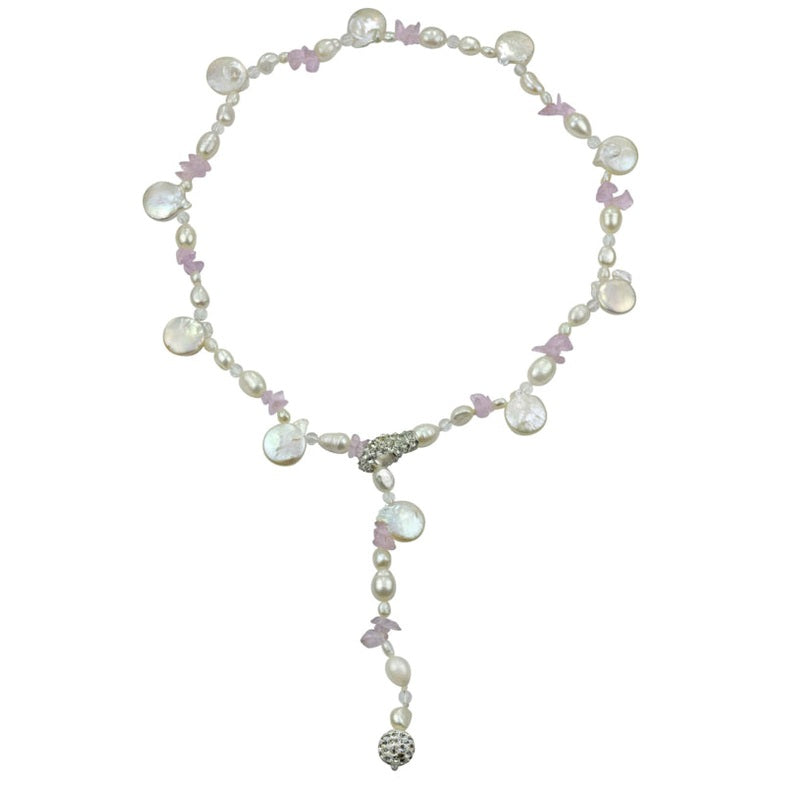 Zoetwater parelketting met witte parels, stras steentjes en licht paarse edelstenen amethist | White Coin White Amethyst