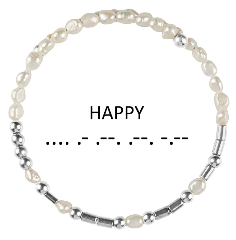 Cadeau set zoetwater parel armband Morse Code Happy Pearl Silver