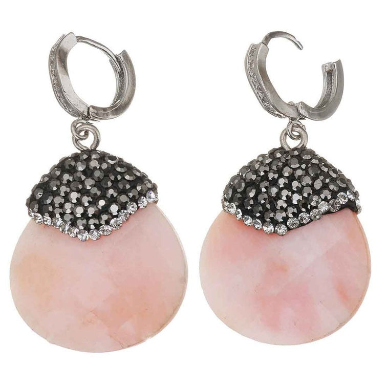 Licht roze edelstenen oorbellen met jade en stras steentjes met open oorbelhaakje| Bright Pink Jade