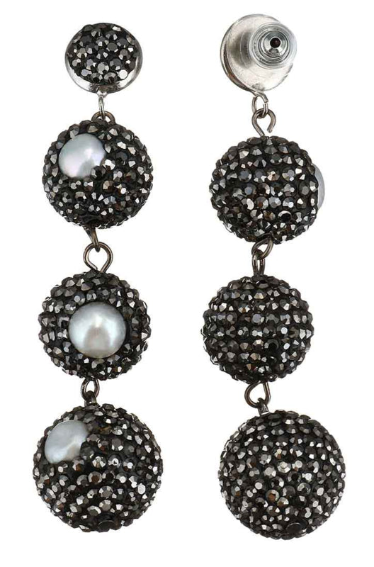 Lange zoewater parel oorbellen met witte parels en zwarte stras steentjes, achterzijde | Bright Pearl Balls