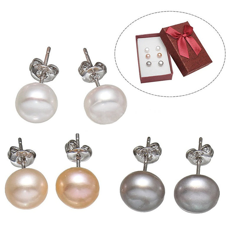 Zoetwater parel cadeau set met witte, zalm en grijze parel oorknopjes in sieradendoosje | set Mea-Zea-Gea