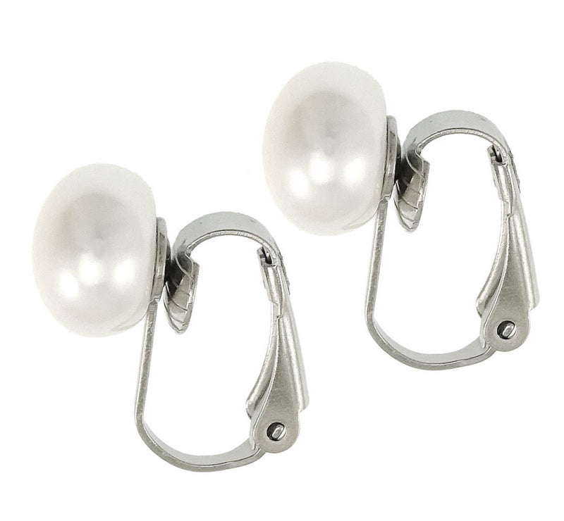 Wit zoetwater parel clips oorbellen met zilver edelstaal, zijaanzicht | Clip Pearl 8 mm