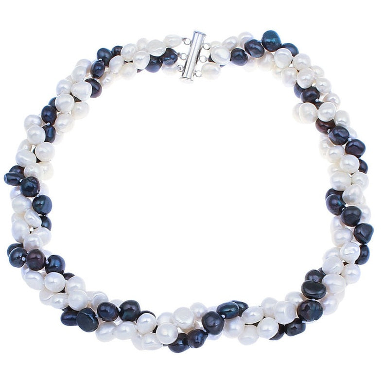 Zoetwater parelketting met witte en blauw zwarte parels in 3 rijen | Sabia