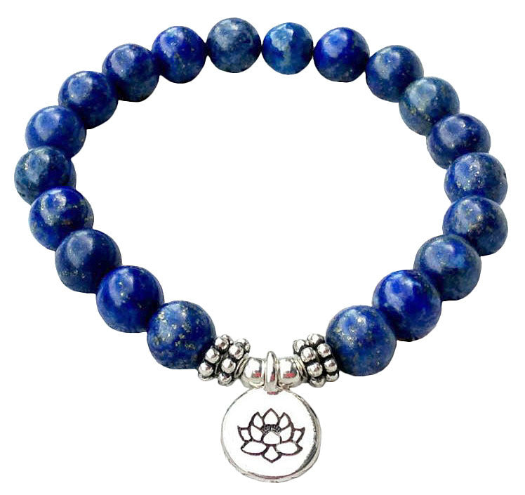 Blauwe edelstenen armband met lapis lazuli en zilver lotus bedeltje, elastisch armband