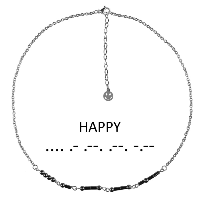 Zwarte edelstenen ketting met zilver edelstaal en hematiet stenen die het woord HAPPY in morse code weer geeft | Morse Code Happy Black Hematite Silver