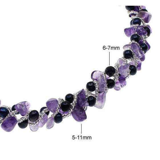 Zoetwater parelketting met donker blauwe parels, amethist en magneetslotje, maat indicatie | Pearl Amethyst