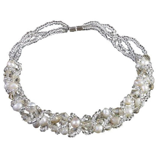 Wit zoetwater parel armband met facet geslepen kristallen en magneetslot | Pearl Crystal Clear