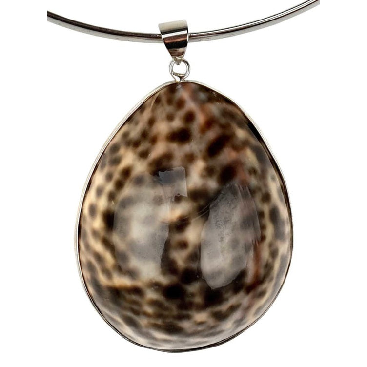 Detail van schelpen choker ketting met een bruin gespikkelde panter schelp | Panther