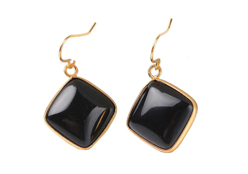 Zwarte dekstenen oorbellen met goud edelstaal | Blacke Agate Gold Square
