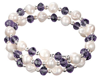 Zoetwater parel wikkel armband met witte parels en paarse glas kristallen | Wrap Pearl Purple Crystal