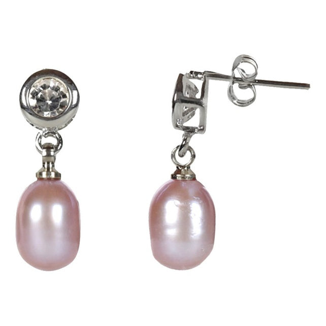 Roze zoetwater parel oorbellen met stras steentje, voor- en zijaanzicht | Oorstekers Lipa