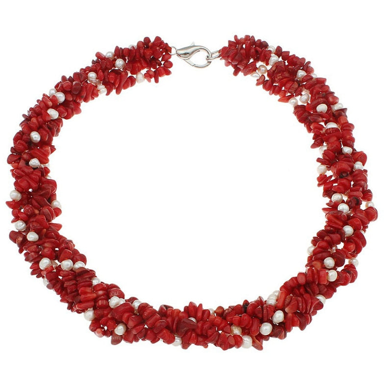 Zoetwater parelketting met witte parels en rood koraal in 5 rijen | Pearl Coral