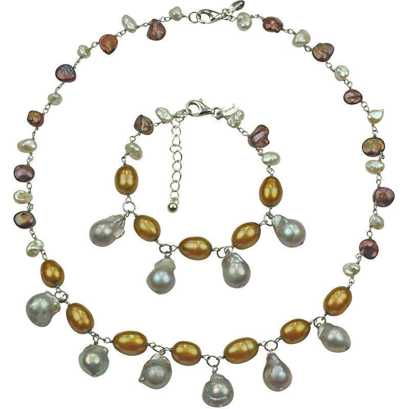 Zoetwater parel set bestaande uit een parelketting en parel armband met grijze, oker en bruine parels | set Daisy