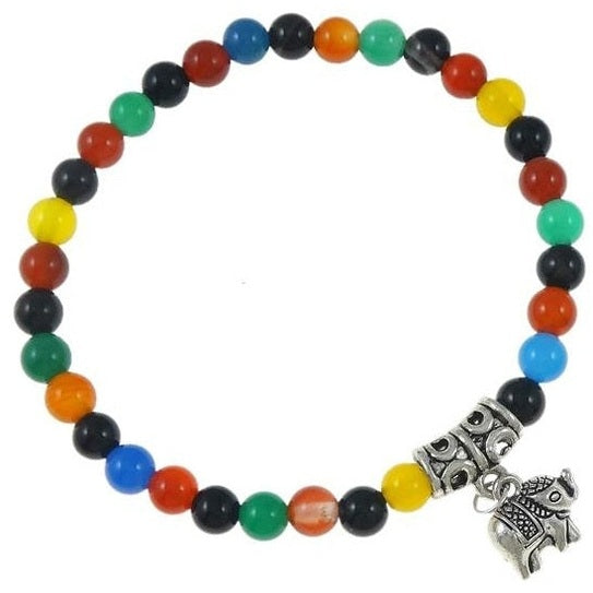 Edelstenen armband met verschillende kleuren agaat en zilver antiek bedeltje met olifant, elastisch | Agate Mix Elephant