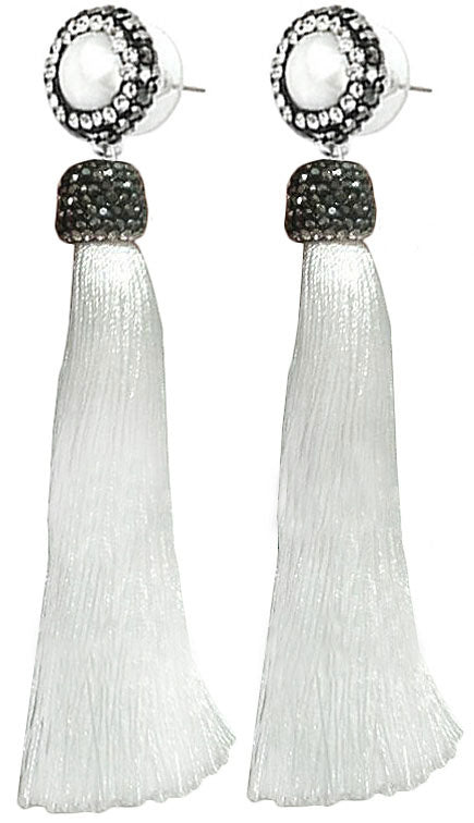 Lange witte zoetwater parel oorbellen met stras steentjes en wit kwastje | Bright Pearl White Tassel