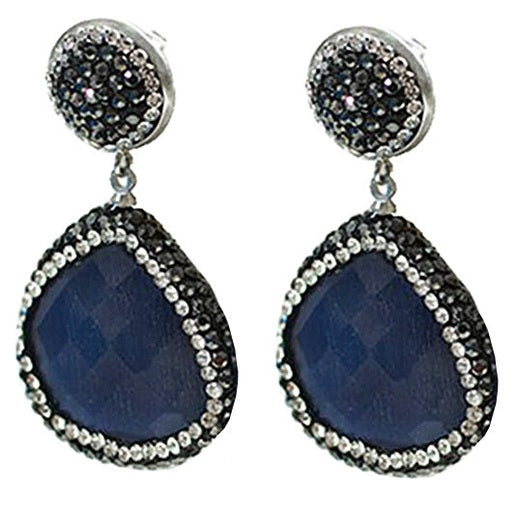 Blauwe edelstenen oorknoppen met kattenoog en stras steentjes | Bright Dark Blue Catās Eye
