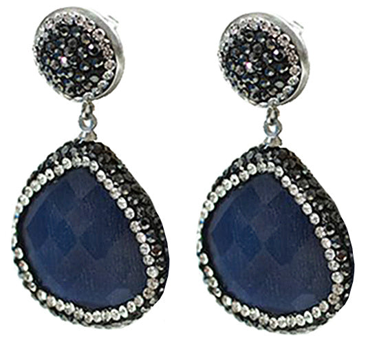 Blauwe edelstenen oorknoppen met kattenoog en stras steentjes | Bright Dark Blue Cat’s Eye