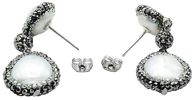 Lange zoetwater parel oorbellen met witte parels en stras steentjes en sterling zilver (925), achterkant | Bright Pearl Dangling Coin