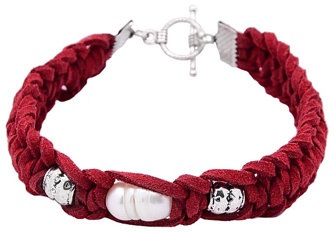Wit zoetwater parel armband met rood suede | Pearl Red Suede