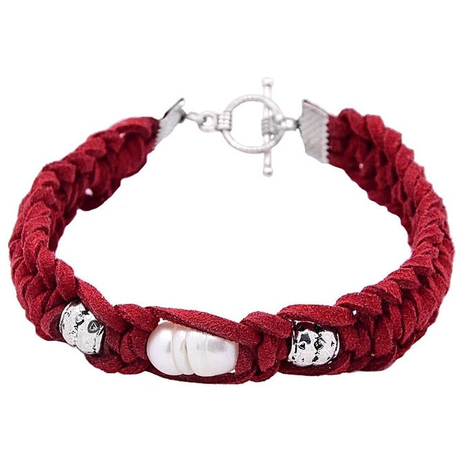 Wit zoetwater parel armband met rood suede | Pearl Red Suede