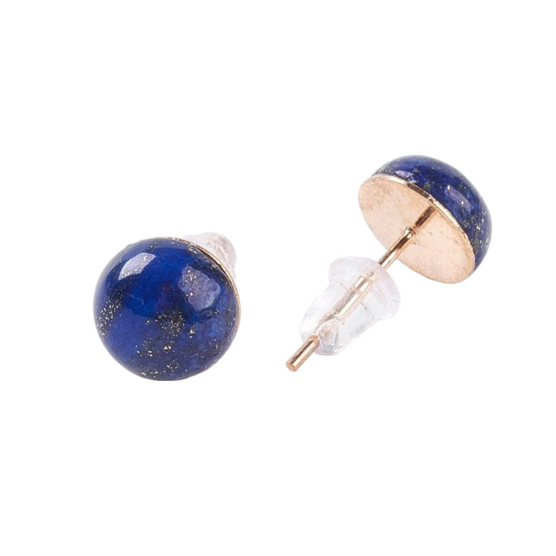 Blauwe edelstenen oorbellen, blauwe oorknopjes met edelsteen lapis lazuli, voor- en achteraanzicht