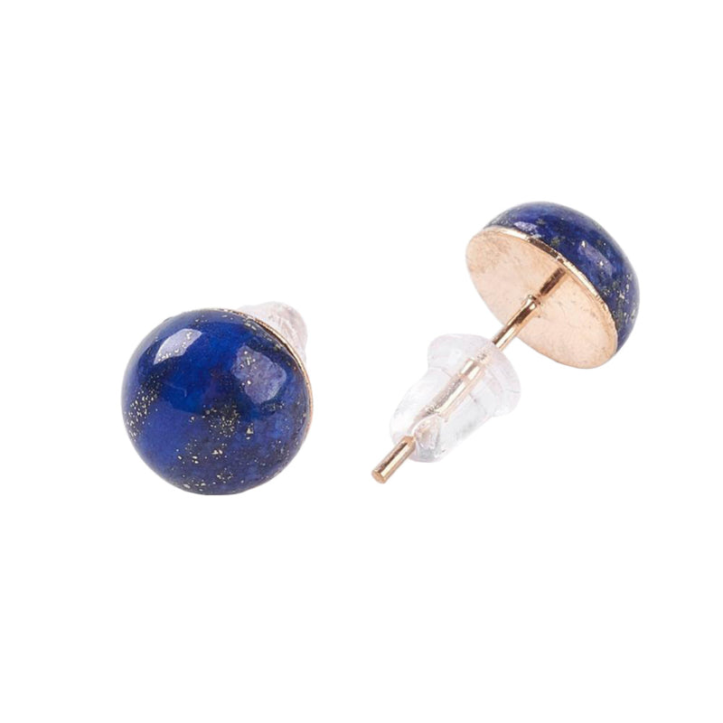 Blauwe edelstenen oorbellen, blauwe oorknopjes met edelsteen lapis lazuli, voor- en achteraanzicht | Lapis Lazuli Half Round
