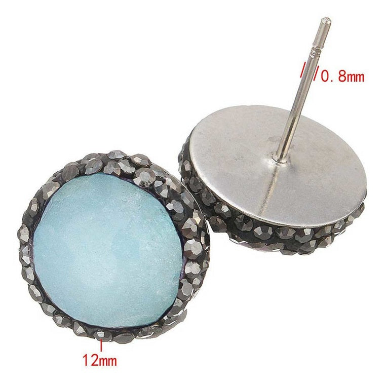 Licht blauwe edelstenen oorknoppen met agaat, stras steentje en zilver edelstaal met maatindicatie | Black Bright Clear Light Blue Agate