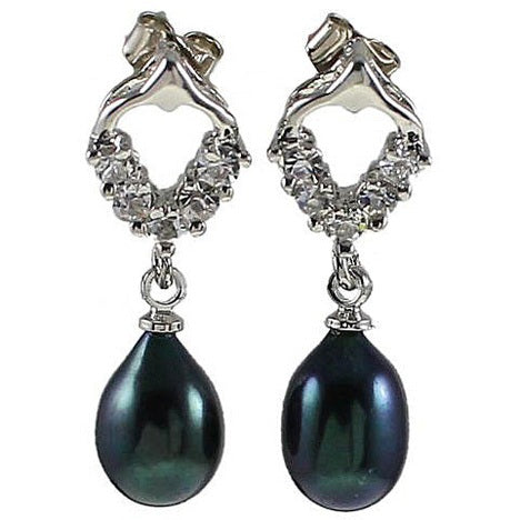 Zwarte zoetwater parel oorbellen met stras steentjes | Bling Pearl Heart B