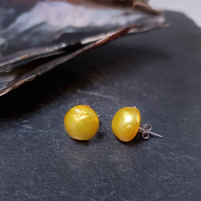 Gele zoetwater parel oorbellen met sterling zilver (925) met achtergrond leisteen en schelp | Little Bling Bold Yellow Pearl