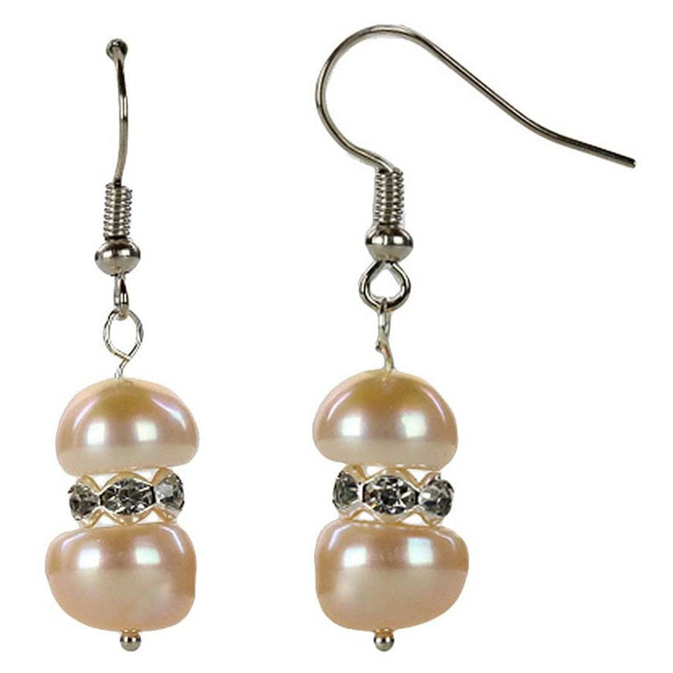 Zoetwater parel oorbellen met zalm kleurige parels, stras steentjes en sterling zilver 925 | Bling Pearl Peach