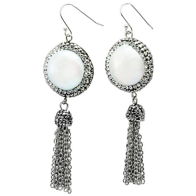 Lange witte zoetwater parel oorbellen met sterling zilver (925), stras steentjes en kwastje | Bright Pearl Dangling Tassel