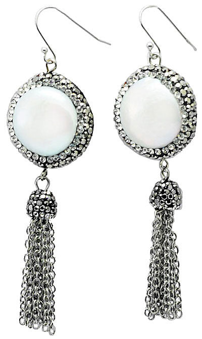 Lange witte zoetwater parel oorbellen met sterling zilver (925), stras steentjes en kwastje | Bright Pearl Dangling Tassel