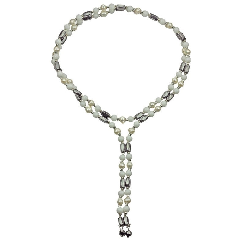 Zoetwater parel wikkel armband met witte parels en zwart magnetiet ook als parelketting te dragen | Pearl Magnetite Wrap