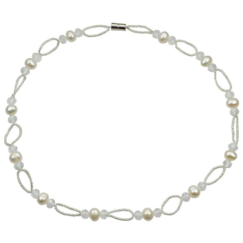 Zoetwater parelketting met witte parels en glaskristallen en magneetslot | set Wicio
