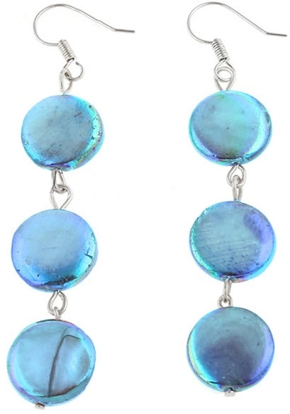 Lange zoetwater parel oorbellen met blauwe parels en sterling zilver | Sky Blue Coin Pearl