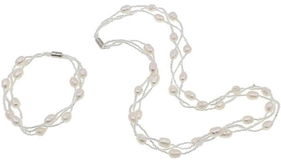 Zoetwater parel set bestaande uit parelketting en parel armband met witte parels in 3 rijen met magneetslot | set Twine Pearl White 2