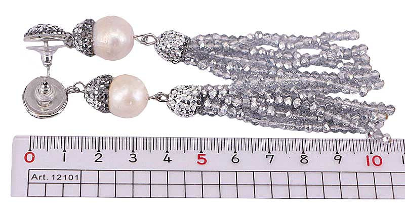 Lange zoetwater parel oorbellen met zilver kristallen kwastje en witte parel, maatindicatie | Bright Big Pearl Silver Crystal Tassel