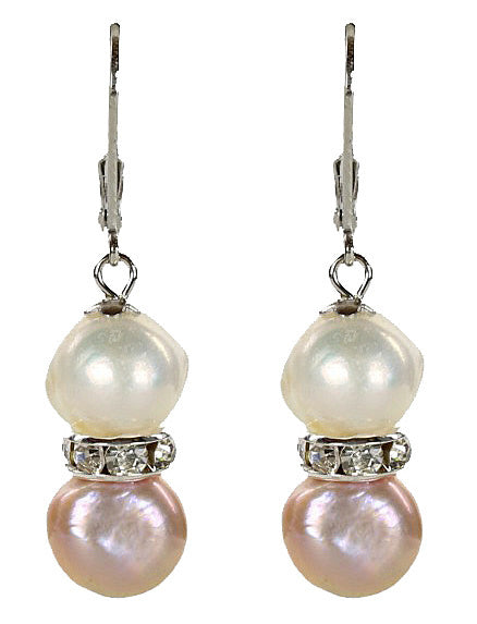 Zoetwater parel oorbellen met witte en roze parels en stras steentjes, vooraanzicht | Bling Pearl Soft Colors