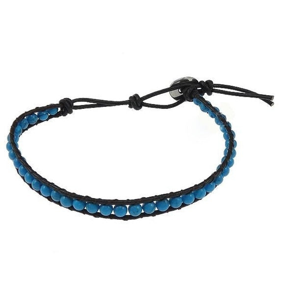 Blauw edelstenen armband met turkoois en zwart leer | Wrap Turquoise Blue