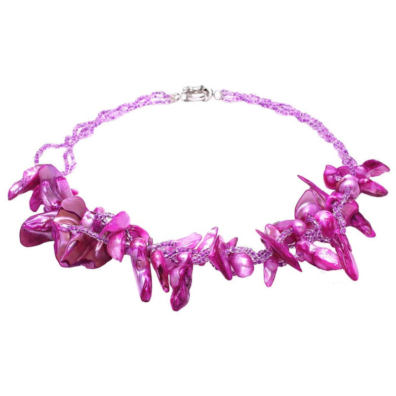 Zoetwater parelketting met pink gekleurde parels in 3 rijen liggend | Pippa